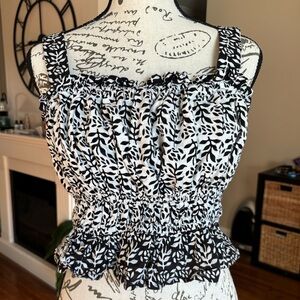 LOFT Black and White Leaf-Print Smocked Crop Top